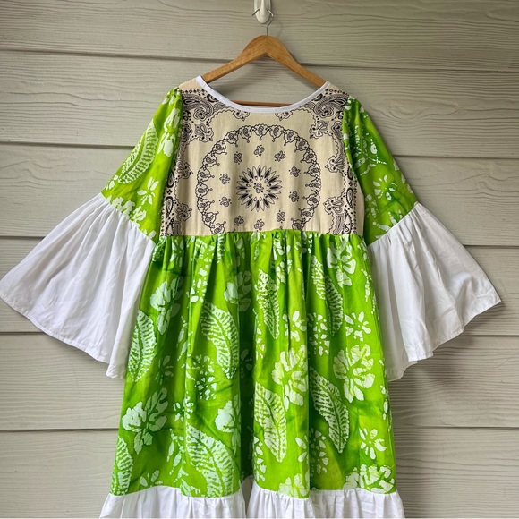 Handmade Wide Sleeves Maxi Bandana Dress SKU 11091 Green White - Picture 10 of 16